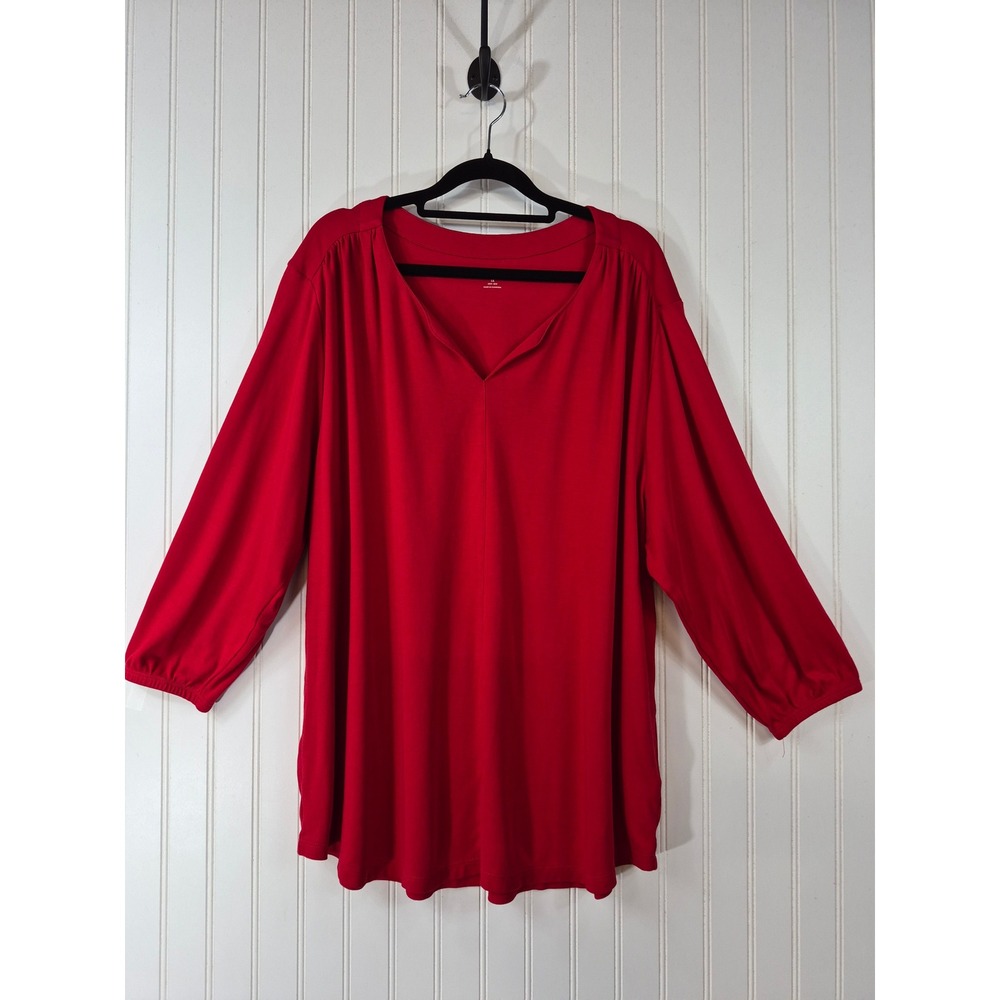 Lands' End Womens Red Cotton Modal Split V-Neck 3/4 Sleeve Tunic Top Plus 1XL